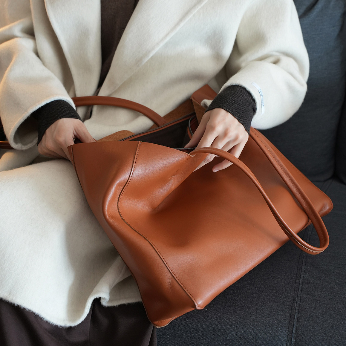 进口头层牛皮 软糯小牛皮托特包女士单肩手提包横版 大容量女包k,淘宝优惠券,粉丝福利购,淘宝优惠卷