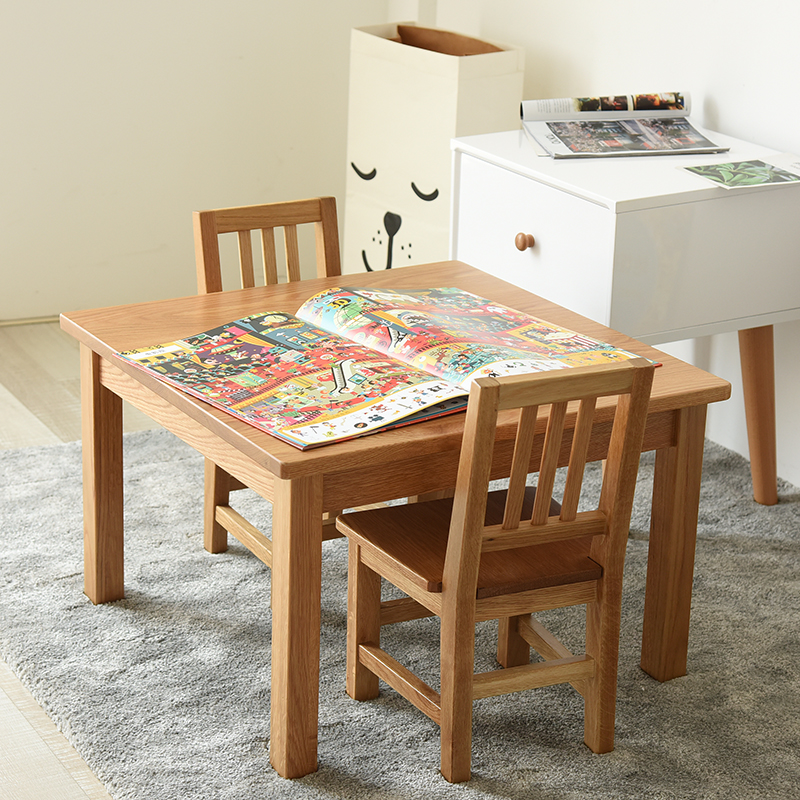儿童实木 小方桌小椅子 橡木榉木中小学生手工桌 桌椅餐桌三件套 - 图0