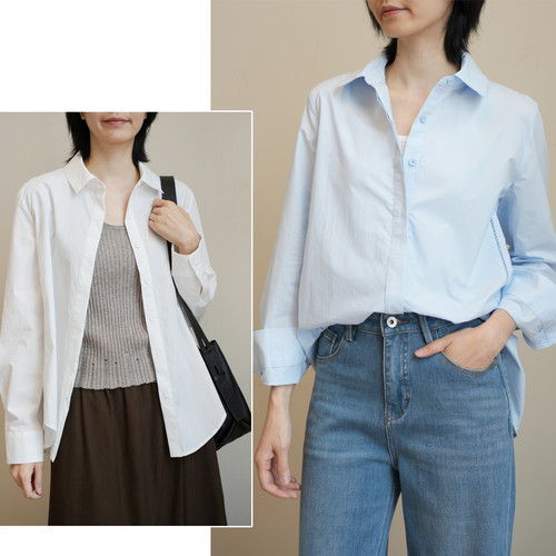 100g纯棉女士翻领长袖衬衫 圆弧下摆宽松简约纯色衬衣 春款 女装K - 图0