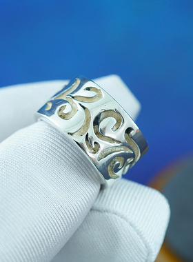 Vintage西洋海外中古首饰925纯银戒指气质复古宝石老货雕花镂空