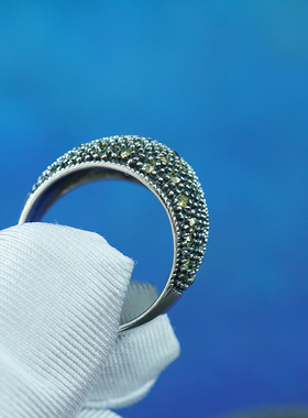 福利价西洋海外中古首饰925纯银马赛石戒指宝石老货镂空复古雕花