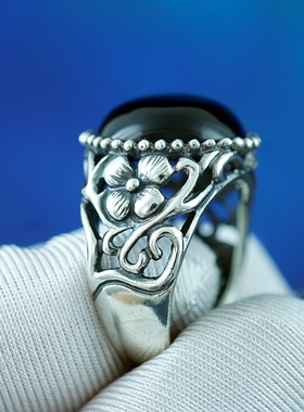 精美中古欧洲手工925纯银天然黑曜石镂空高奢华丽戒指环个性饰品