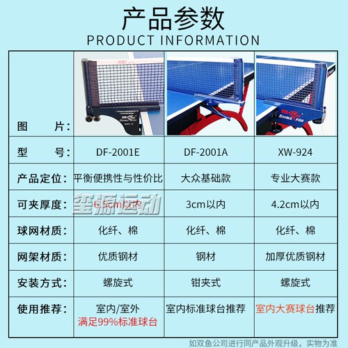 双鱼2001A乒乓球网架套装带网2001E便携通用球桌室外乒乓球台网柱 - 图1