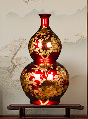 景德镇陶瓷器中国红花瓶摆件金沙水晶釉客厅电视柜玄关家居装饰品