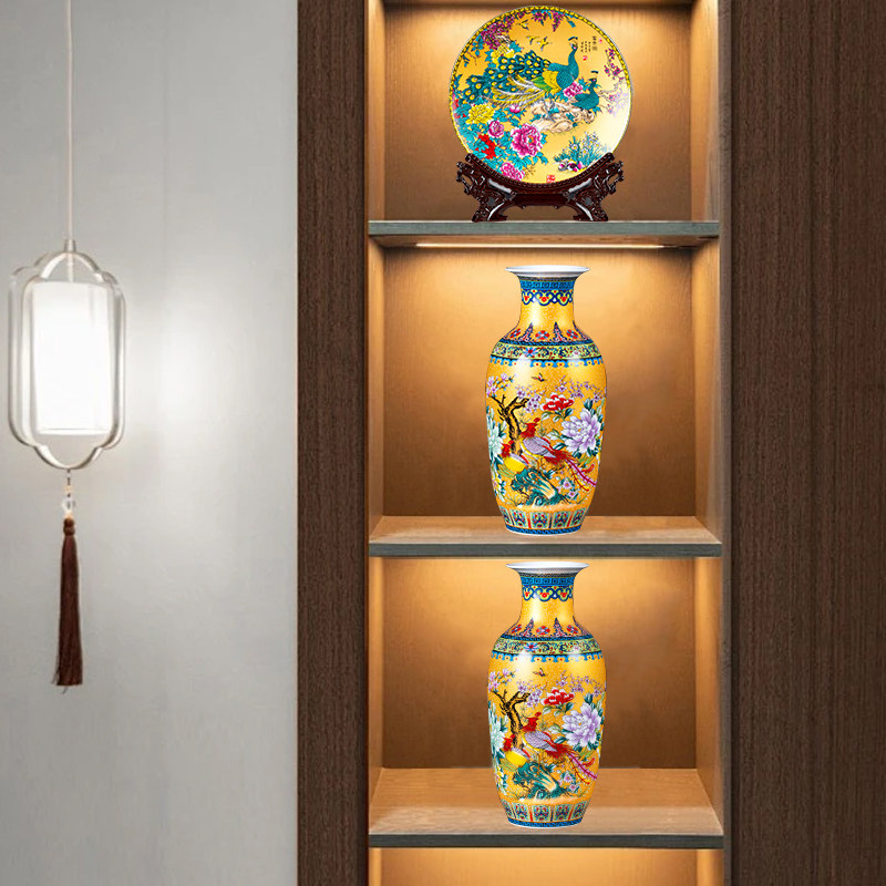 景德镇陶瓷中式珐琅彩花瓶装饰品摆件博古架插花瓶一对乔迁礼物,淘宝优惠券,粉丝福利购,淘宝优惠卷