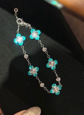 S925纯银帕拉伊巴CNC镭射四叶草手链女款中古风复古小众设计手环