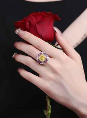 海瑞糖果系列冰花切S925通体纯银开口戒指女金黄色高碳钻时尚钻戒