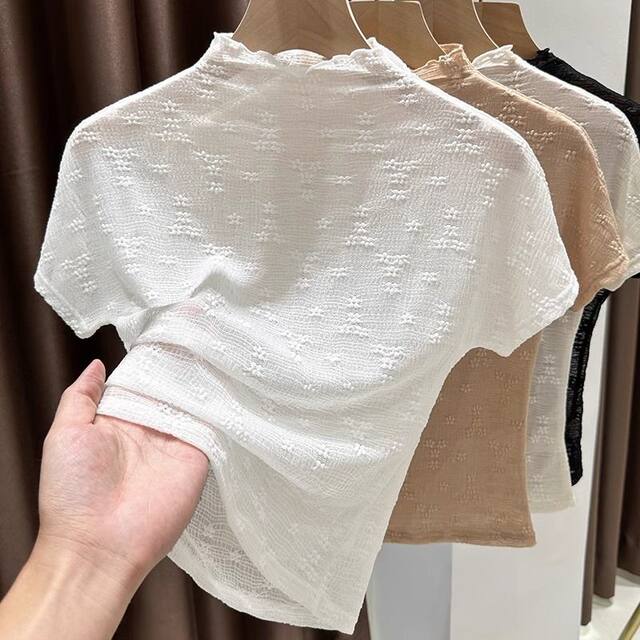 French hollow 2025 new sexy tulle bottoming shirt ice silk top half turtleneck lace short-sleeved T-shirt for women summer