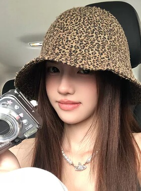 复古辣妹时尚时髦豹纹渔夫帽女韩版素颜显脸小盆帽大檐遮阳帽子
