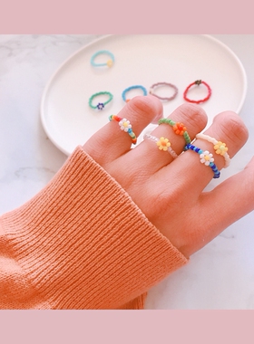 韩国花朵串珠编织手工泫雅风戒指