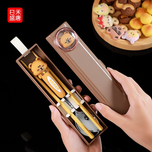 Палочки для еды из нержавеющей стали, ложка, комплект, портативная детская посуда для школьников, коробка для хранения, нержавеющая сталь AISI 304, DIY, 3 предмета