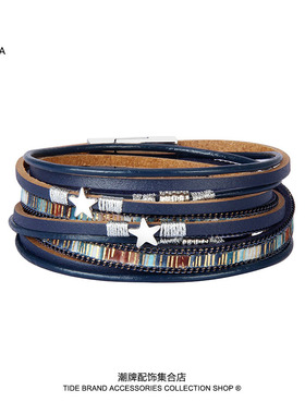 欧美风多层真皮磁扣复古手环