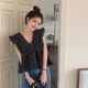 ເສື້ອຍືດແຂນ V-neck Floral Fly Sleeve ຂອງແມ່ຍິງລະດູຮ້ອນ ການອອກແບບໃຫມ່ ແອວ ruffled Vest ເສື້ອ doll ເທິງ