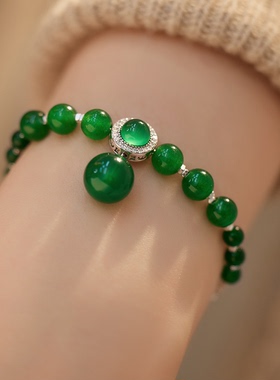 赛赛莉安原创设计新中式复古轻奢气质绿玉髓碎银子S925纯银手链女