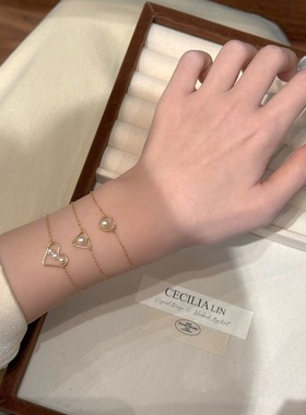 赛赛莉安天然淡水珍珠14K包金几何手链简约气质叠戴百搭爱心通勤