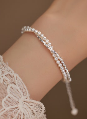 冷淡风s925碎银子珍珠双层叠戴