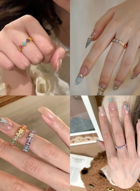 精工品质进口5A高碳锆石钻超闪彩色四叶草S925银戒指气质高级感女