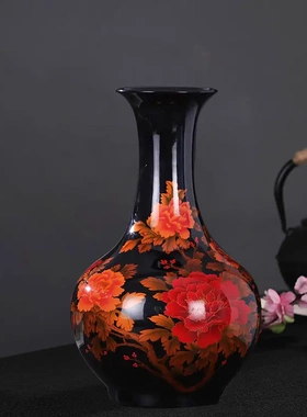 景德镇陶瓷花瓶水晶釉红色牡丹