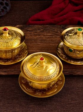 黄铜三才茶碗旋转盖子五牛图茶碗