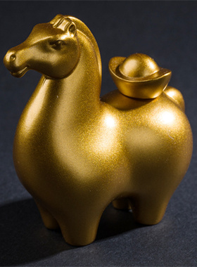 纯黄铜马上有钱马背元宝桌面摆件