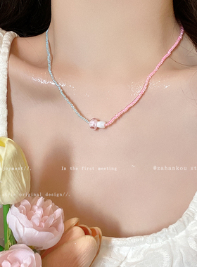可爱百搭粉蓝色串珠蘑菇项链女甜酷辣妹风小众锁骨链精致颈链配饰