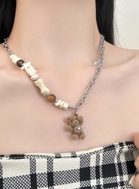 陶瓷串珠植绒小熊吊坠项链女