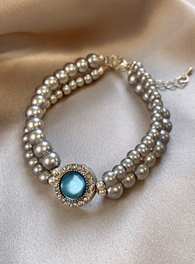 海蓝宝蓝色珍珠手链女高颜值复古手串闺蜜学生百搭手饰高级感配饰