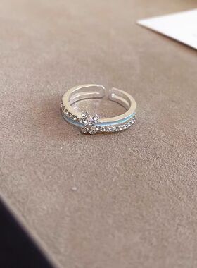 蓝色滴釉交叉戒指女款简约素圈高级感食指戒个性时尚百搭指环尾戒