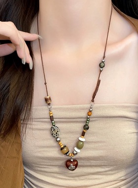 新中式长款陶瓷串珠爱心项链女