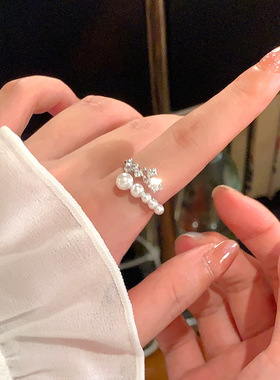 精致繁星珍珠锆石开口戒指女款小众设计轻奢高级感食指戒百搭指环