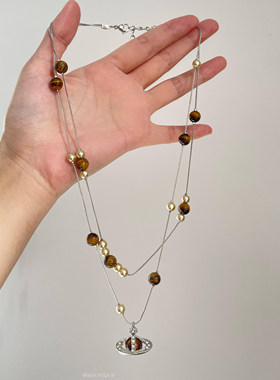 新年秋冬虎眼石珍珠土星吊坠项链