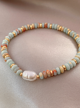 多巴胺彩色仿天然石珍珠手链女轻奢高级感寿山石手串2025新款手饰