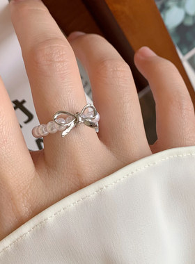 法式复古珍珠蝴蝶结戒指女