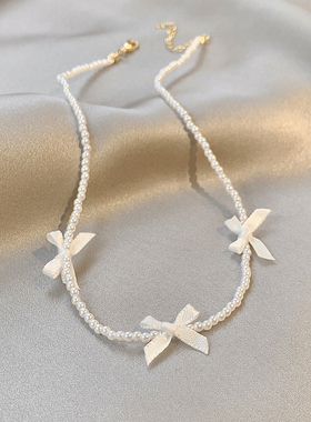 气质温柔白色蝴蝶结珍珠项链女choker颈链项圈锁骨链配饰小众百搭