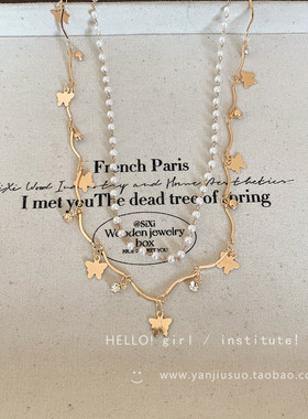 复古黄色蝴蝶珍珠流苏项链女