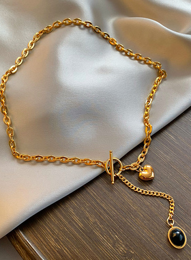 复古夸张链条锁扣爱心流苏项链女嘻哈轻奢高级感锁骨链小众配饰品