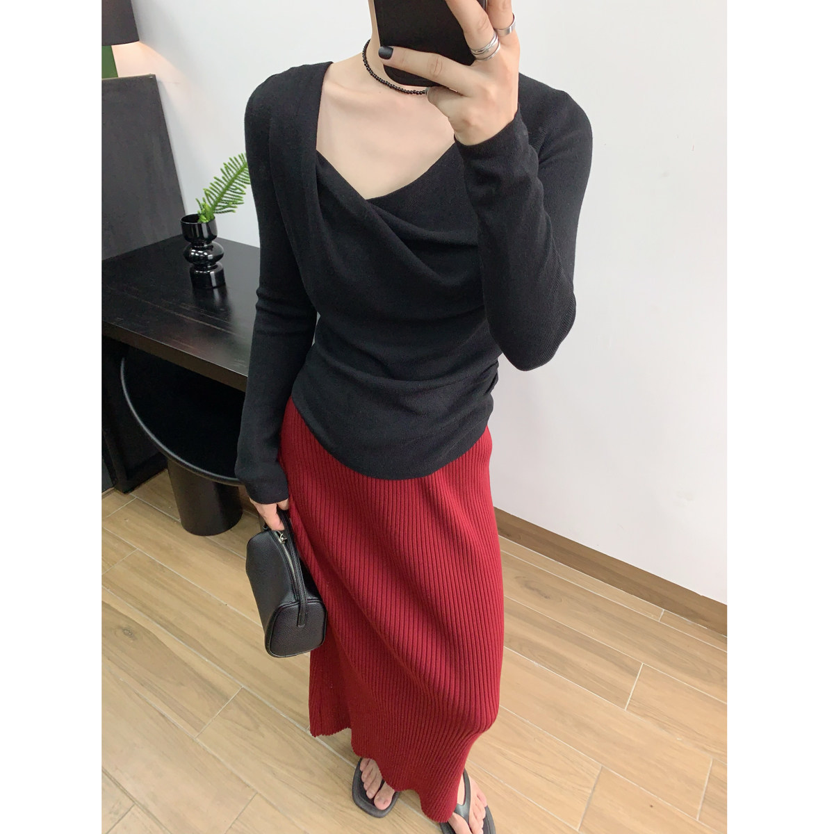 法式复古荡领 修身针织设计感时尚显瘦上衣打底长袖藕粉色温柔女,淘宝优惠券,粉丝福利购,淘宝优惠卷