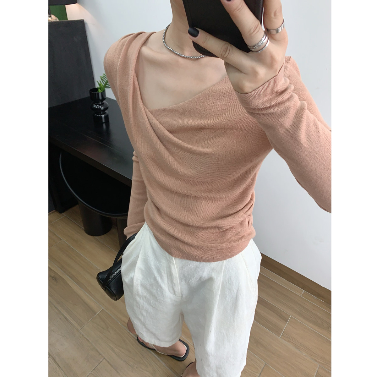 法式复古荡领 修身针织设计感时尚显瘦上衣打底长袖藕粉色温柔女,淘宝优惠券,粉丝福利购,淘宝优惠卷