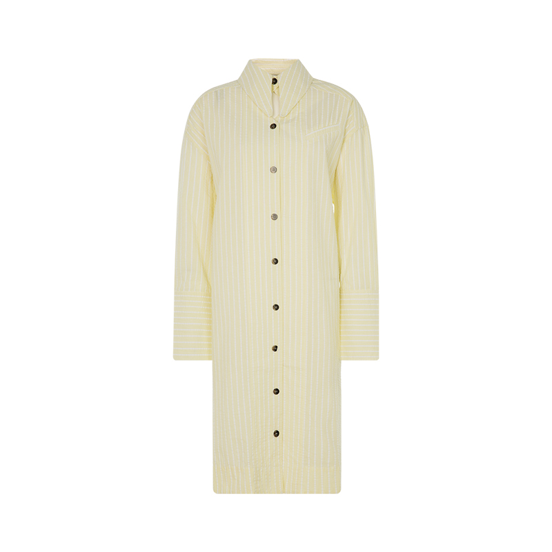 GANNI女士温暖淡黄色竖条纹设计衬衫休闲棉质长袖连衣裙银泰百货-图0