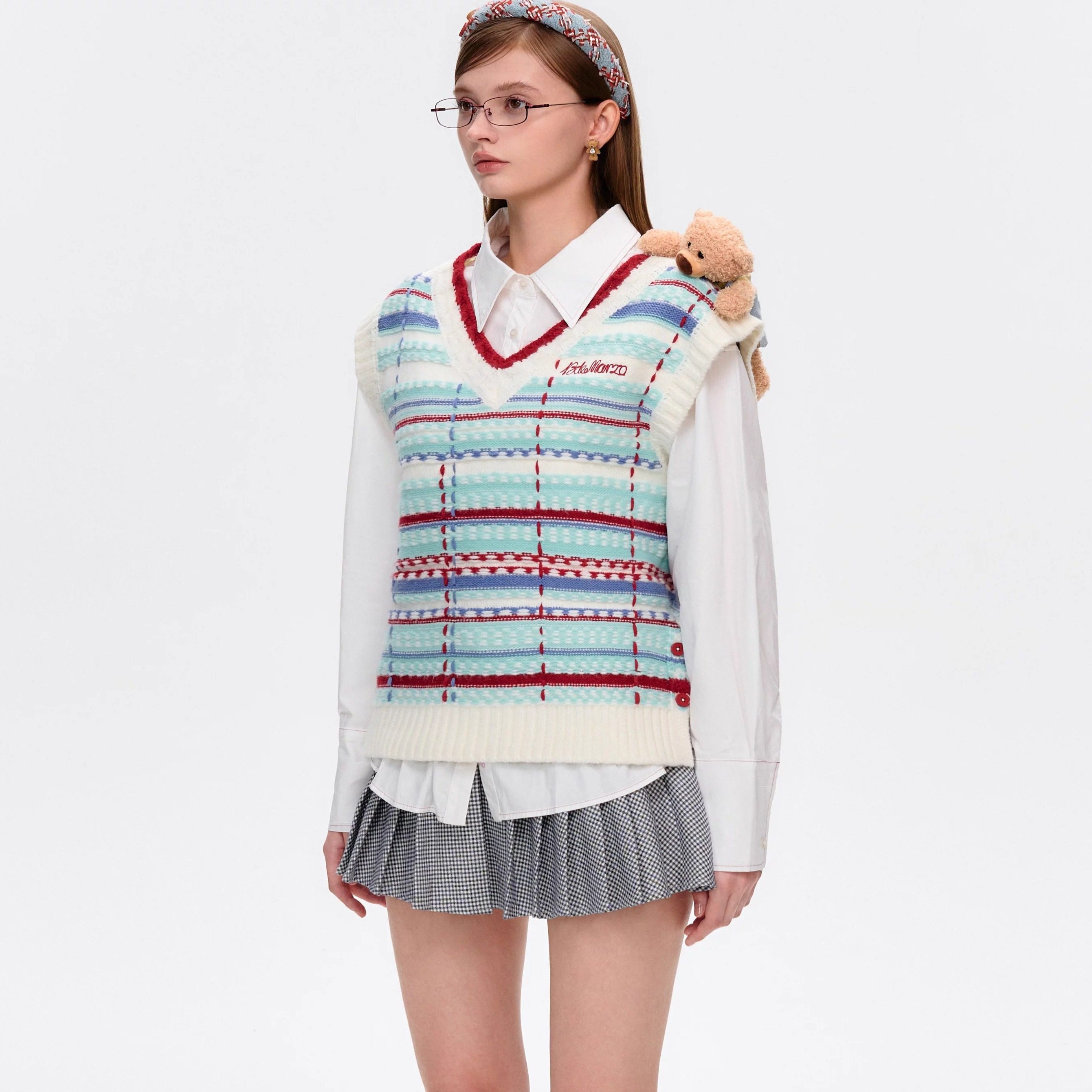 13DE MARZO 男女同款25春夏跳色线条针织衫宽松V领马甲 300178,淘宝优惠券,粉丝福利购,淘宝优惠卷