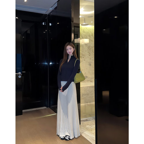 OTee韩系v领半拉链长袖t恤女春秋修身显瘦正肩内搭打底衫 - 图2