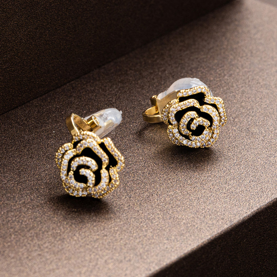 黑玫瑰山茶花金色耳钉/耳夹（无耳洞戴）镶钻滴釉耳坠女 伊泰莲娜,淘宝优惠券,粉丝福利购,淘宝优惠卷