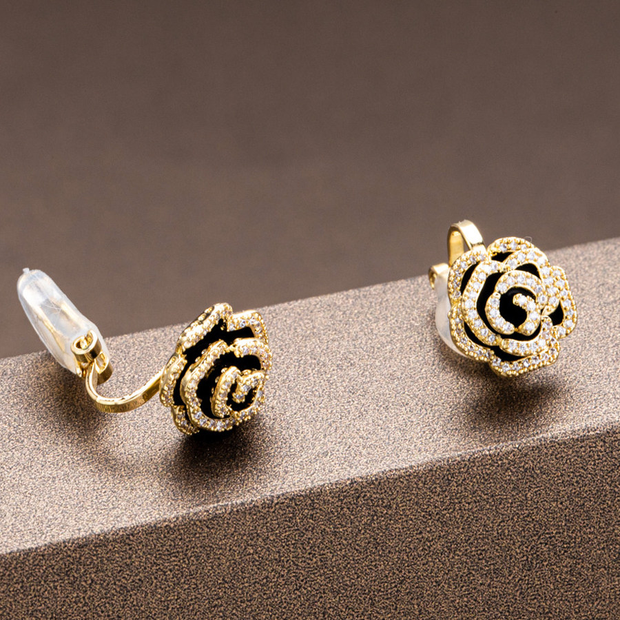 黑玫瑰山茶花金色耳钉/耳夹（无耳洞戴）镶钻滴釉耳坠女 伊泰莲娜,淘宝优惠券,粉丝福利购,淘宝优惠卷