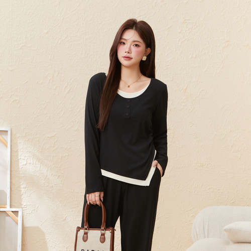 采多宝大码女装下摆不规则假两件套装胖mm不对称气质上衣修身长裤 - 图2