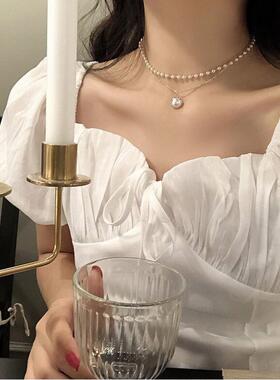 简约小众双层珍珠锁骨链choker
