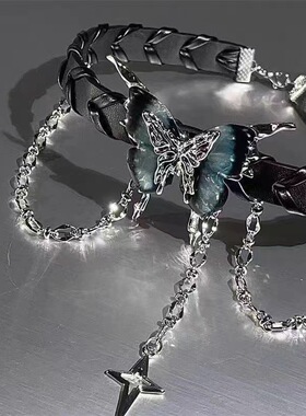 甜酷辣妹个性蝴蝶流苏皮革项链时尚轻奢百搭芒星吊坠锁骨链choker