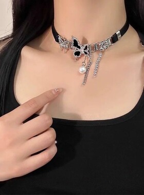 纯欲甜酷黑色蝴蝶choker锁骨链