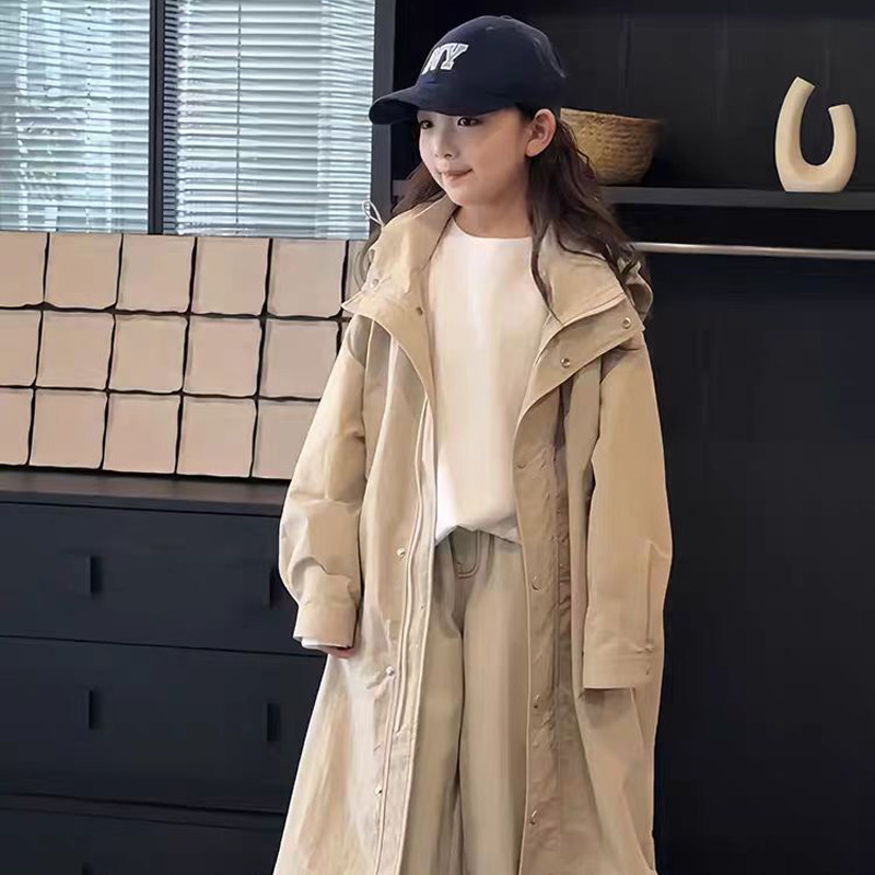 女童风衣韩版长款外套2024春秋洋气女大童宽松过膝夹棉加厚冲锋衣,淘宝优惠券,粉丝福利购,淘宝优惠卷