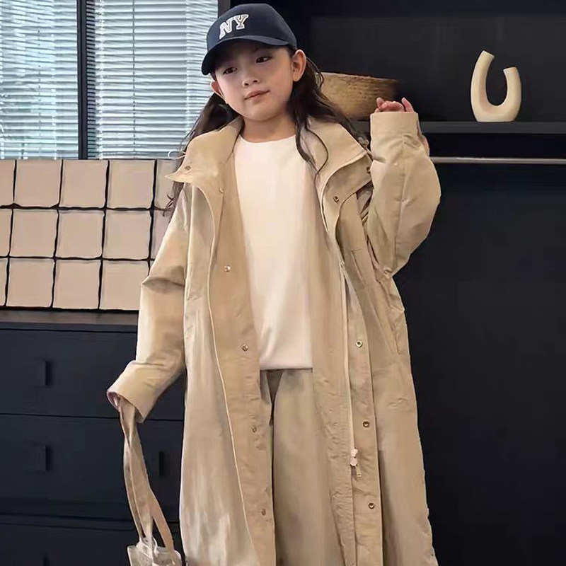 女童风衣韩版长款外套2024春秋洋气女大童宽松过膝夹棉加厚冲锋衣,淘宝优惠券,粉丝福利购,淘宝优惠卷
