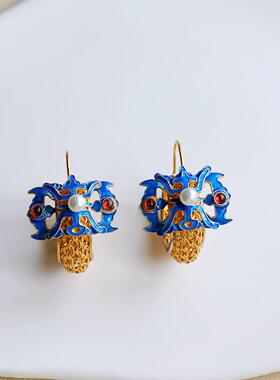 故宫同款花丝镶嵌银镀金纯手工烧蓝寿字铜钱纹耳环
